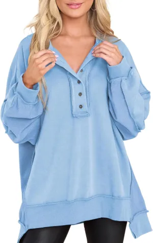 AlvaQ Women's Oversized Sweatshirt Casual Long Sleeve Button Henley Neck Pullover Tunic Tops Outfits