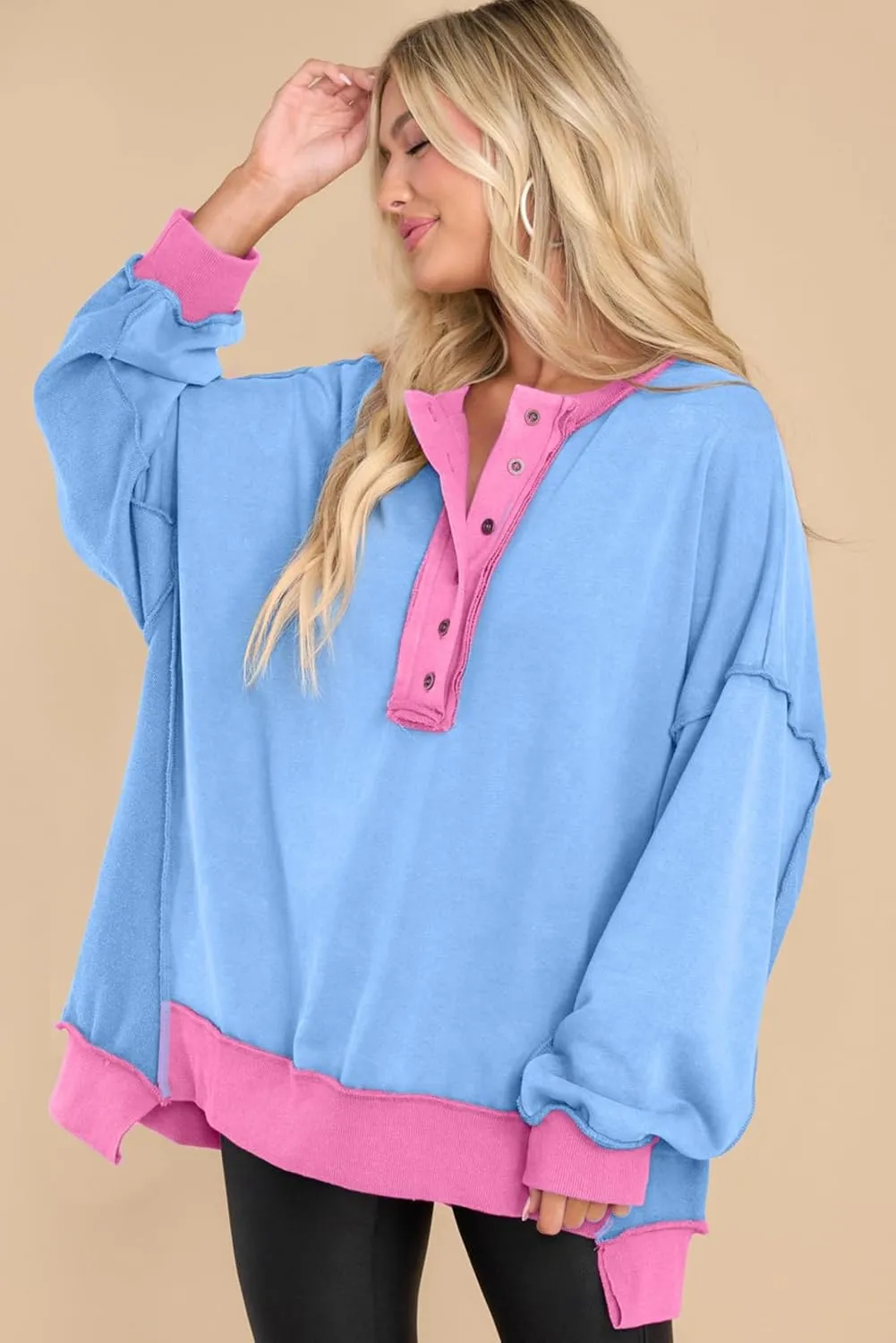 AlvaQ Women's Oversized Sweatshirt Casual Long Sleeve Button Henley Neck Pullover Tunic Tops Outfits