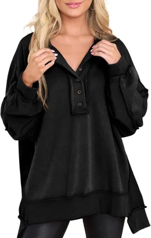 AlvaQ Women's Oversized Sweatshirt Casual Long Sleeve Button Henley Neck Pullover Tunic Tops Outfits