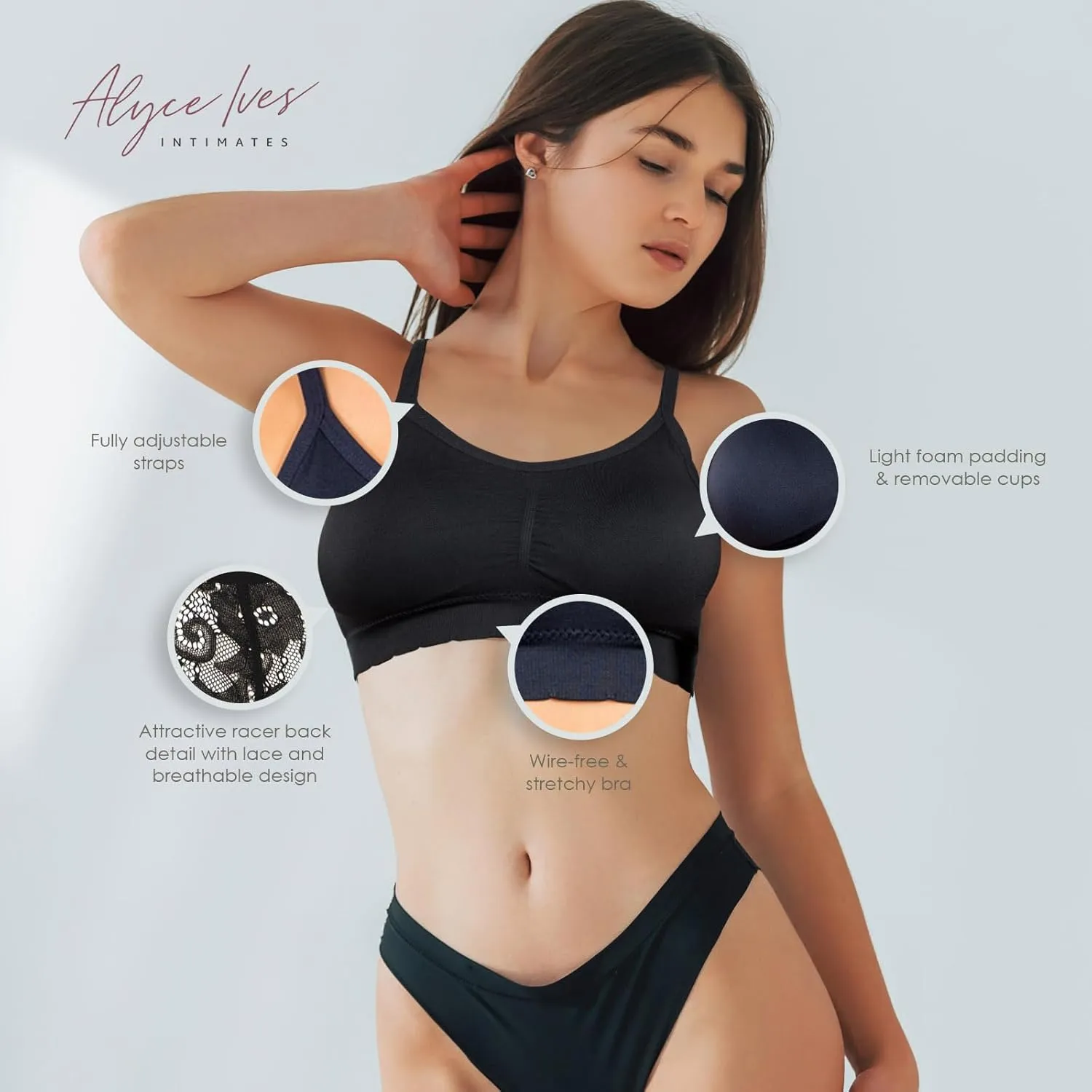 Alyce Intimates Seamless Womens Bra, Pack of 5- Lightly Padded Bra with Removable Cups- Wireless Racerback Bralette