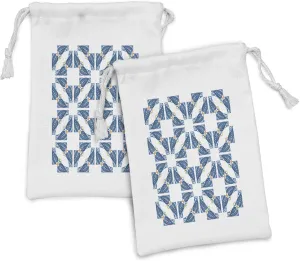 Ambesonne Blue and White Fabric Pouch Set of 2, Portuguese Pavement Design Azulejo Mosaic with Diagonal Square and Shapes, Small Drawstring Bag for Toiletries Masks and Favors, 9" x 6", Blue White