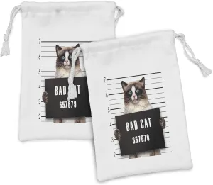 Ambesonne Cat Fabric Pouch Set of 2, Bad Gang Cat in Jail Kitty Under Arrest Criminal Prisoner Hangover Work, Small Drawstring Bag for Toiletries Masks and Favors, 9" x 6", Brown Black White