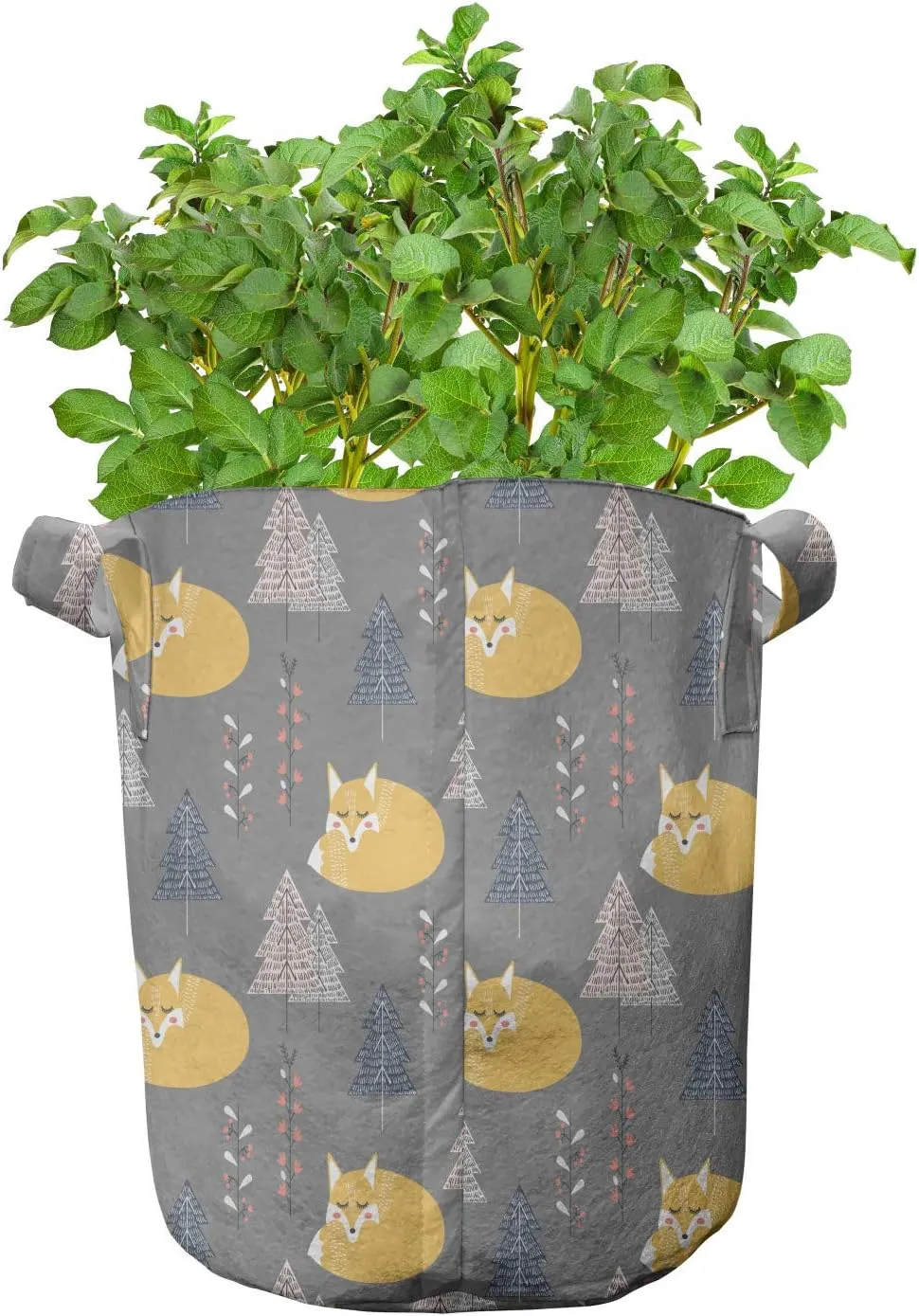 Ambesonne Fox Grow Bags 5-Pack, Scandinavian Inspired Spruces, Heavyduty Fabric Pots with Handles for Plants, Dimgray Pale Orange
