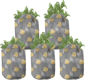 Ambesonne Fox Grow Bags 5-Pack, Scandinavian Inspired Spruces, Heavyduty Fabric Pots with Handles for Plants, Dimgray Pale Orange