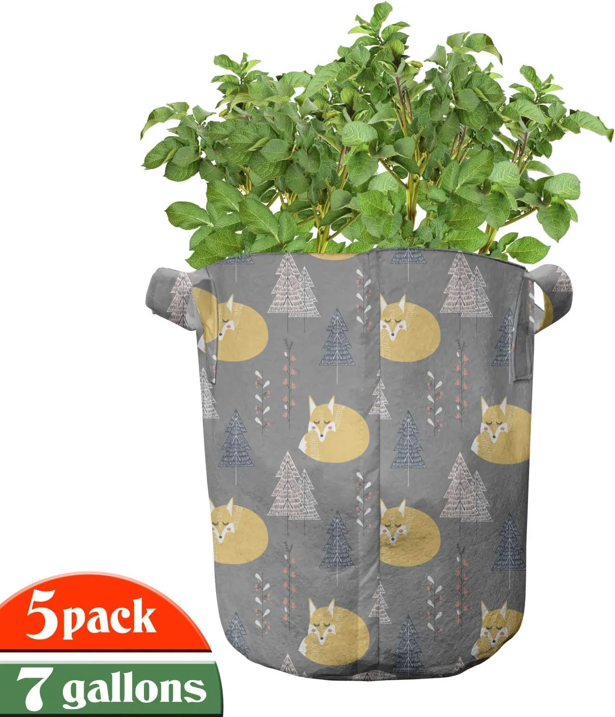 Ambesonne Fox Grow Bags 5-Pack, Scandinavian Inspired Spruces, Heavyduty Fabric Pots with Handles for Plants, Dimgray Pale Orange