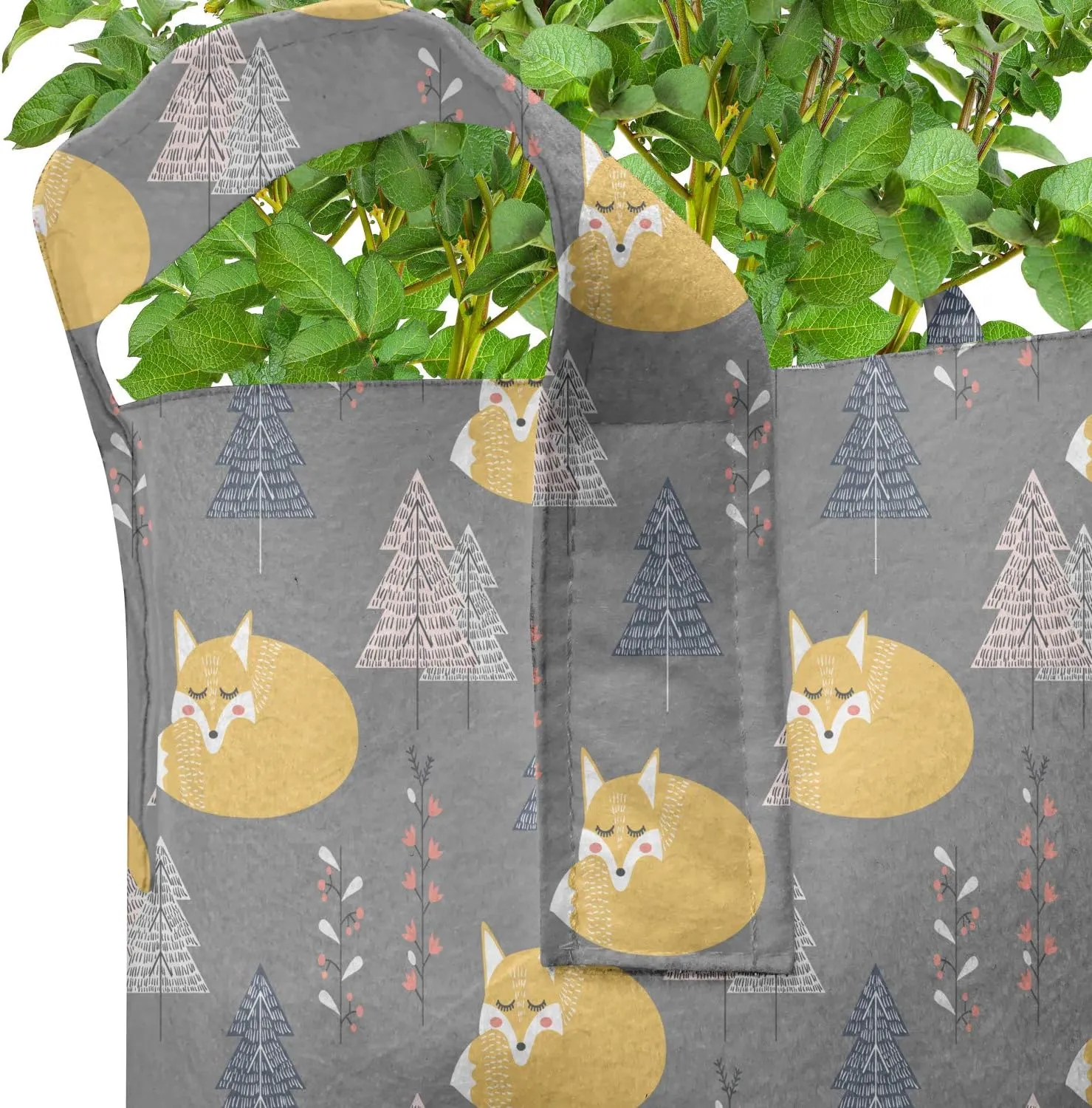Ambesonne Fox Grow Bags 5-Pack, Scandinavian Inspired Spruces, Heavyduty Fabric Pots with Handles for Plants, Dimgray Pale Orange