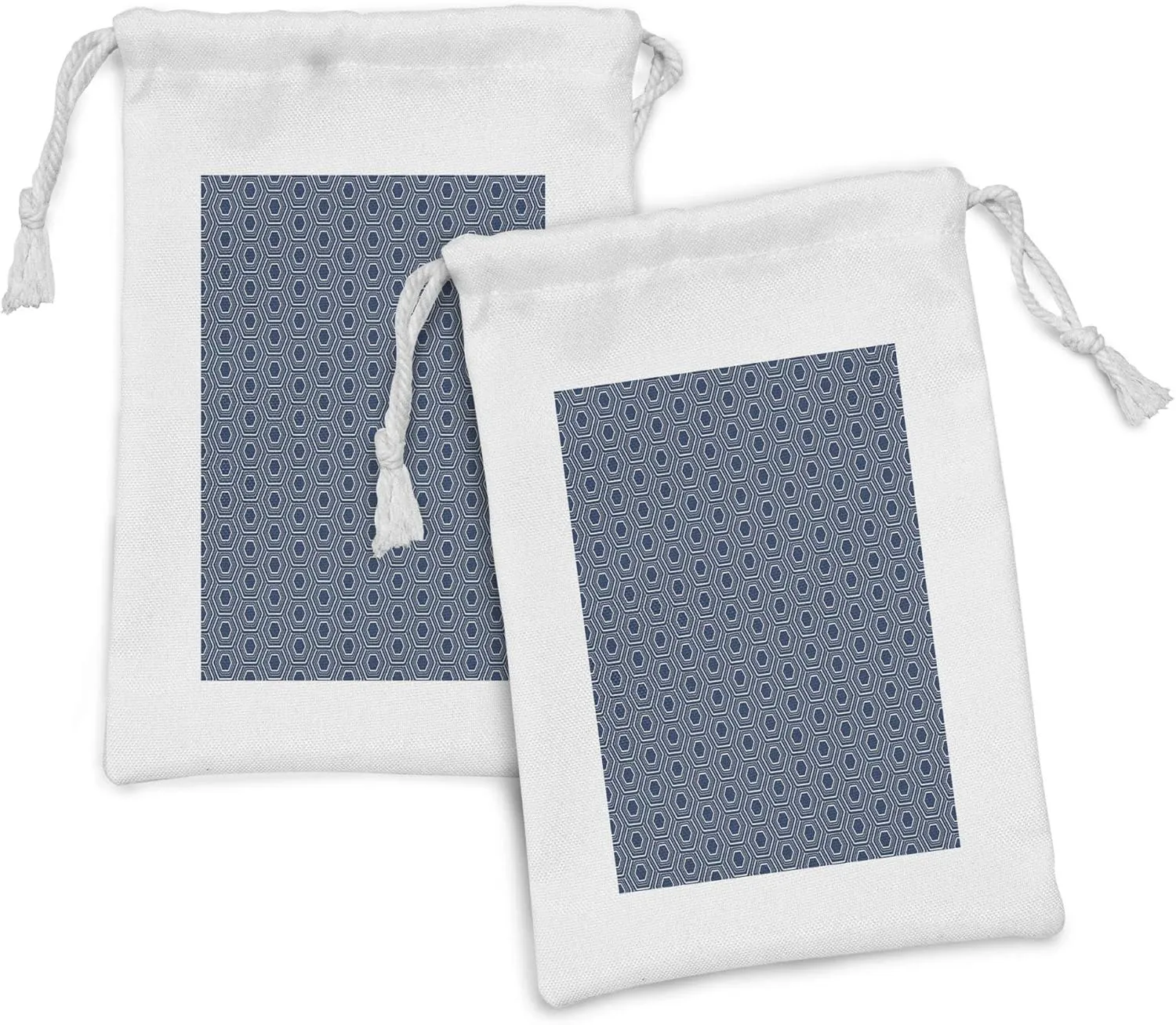 Ambesonne Geometric Fabric Pouch Set of 2, Continuing Print of Concentric Hexagons Ornamental Classic Details, Small Drawstring Bag for Toiletries Masks and Favors, 9" x 6", Night Blue and Eggshell