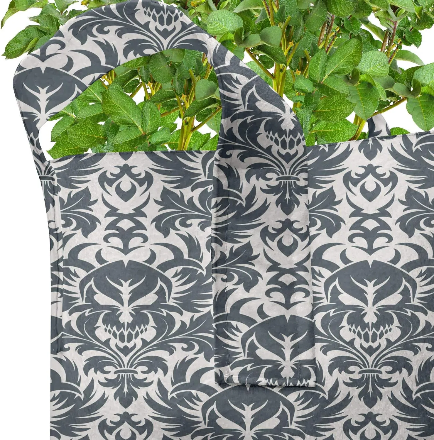 Ambesonne Gothic Grow Bags 5-Pack, Damask Inspired Flourish, Heavyduty Fabric Pots with Handles for Plants, Grey White
