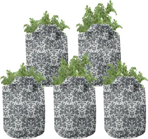 Ambesonne Gothic Grow Bags 5-Pack, Damask Inspired Flourish, Heavyduty Fabric Pots with Handles for Plants, Grey White