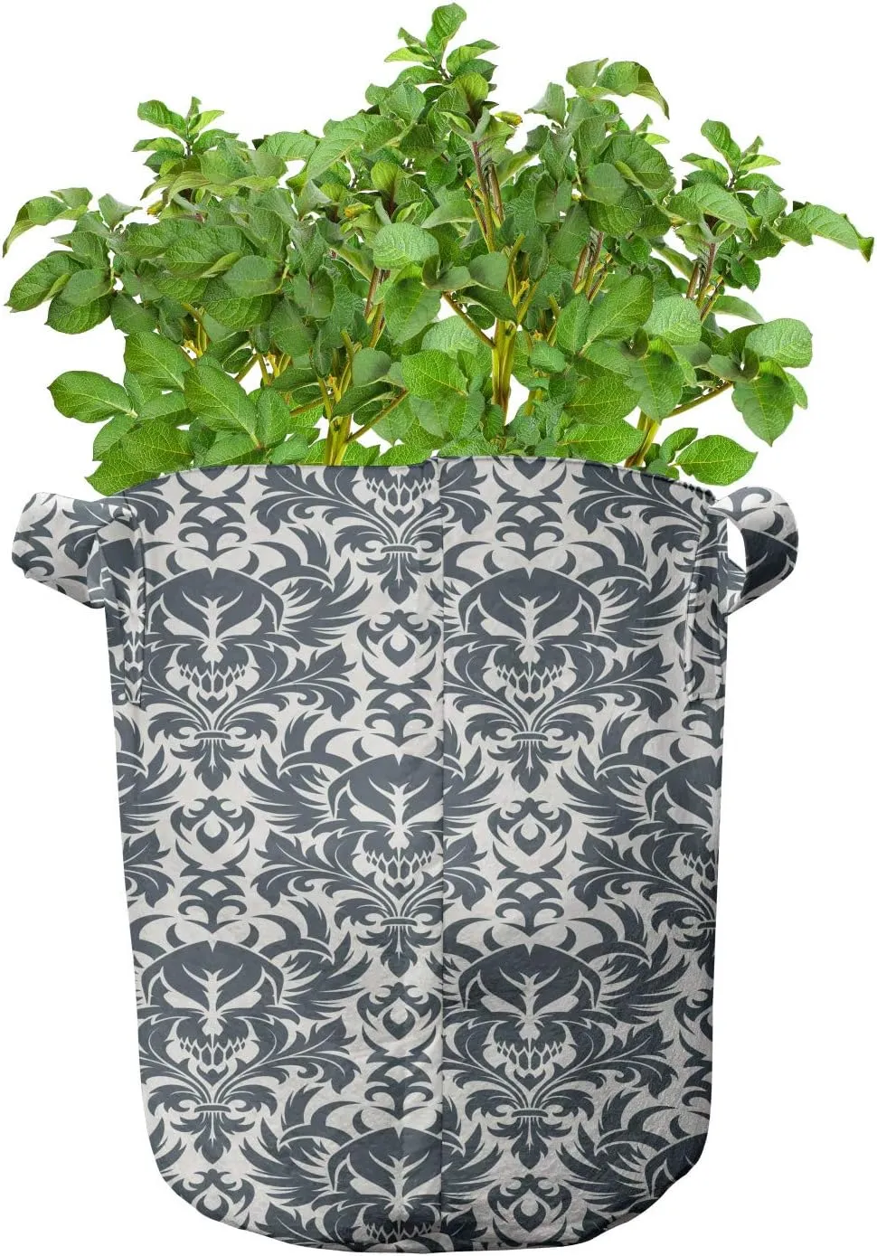Ambesonne Gothic Grow Bags 5-Pack, Damask Inspired Flourish, Heavyduty Fabric Pots with Handles for Plants, Grey White