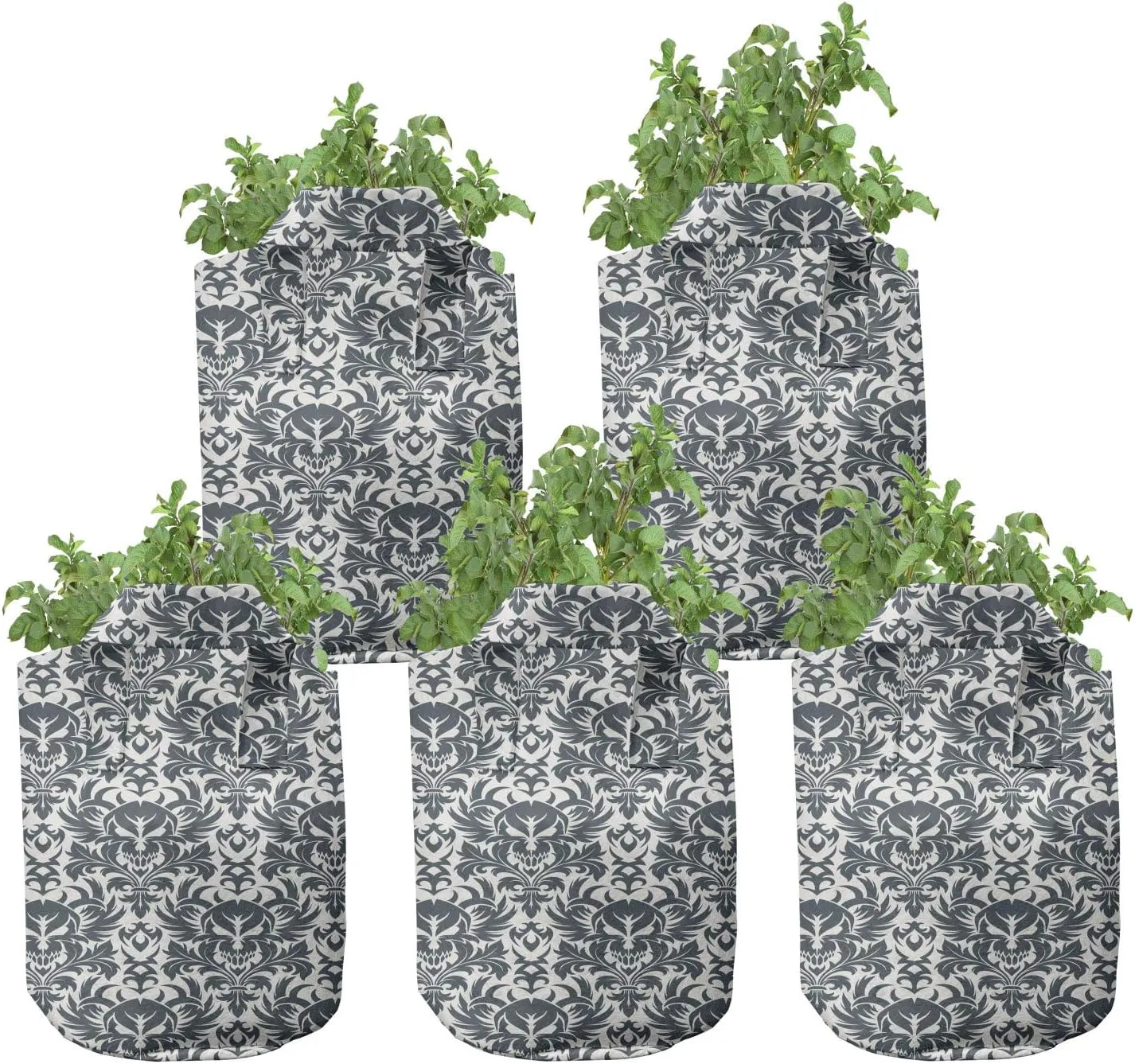 Ambesonne Gothic Grow Bags 5-Pack, Damask Inspired Flourish, Heavyduty Fabric Pots with Handles for Plants, Grey White