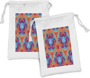 Ambesonne Ikat Fabric Pouch Set of 2, Composition Hallucinatory Concentric Fractal Weird Creepy Reflection Illustration, Small Drawstring Bag for Toiletries Masks and Favors, 9" x 6", Orange and Blue
