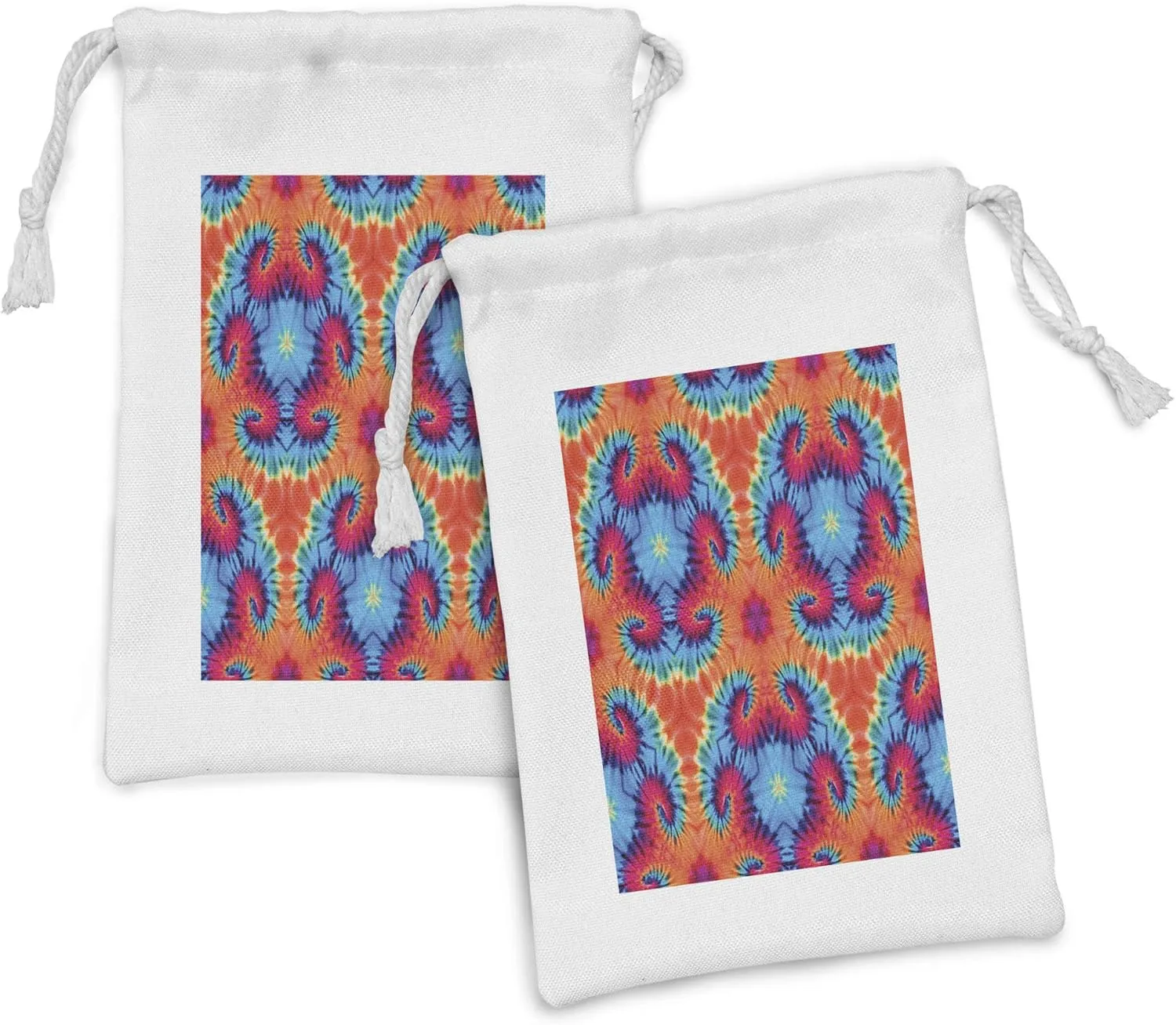 Ambesonne Ikat Fabric Pouch Set of 2, Composition Hallucinatory Concentric Fractal Weird Creepy Reflection Illustration, Small Drawstring Bag for Toiletries Masks and Favors, 9" x 6", Orange and Blue