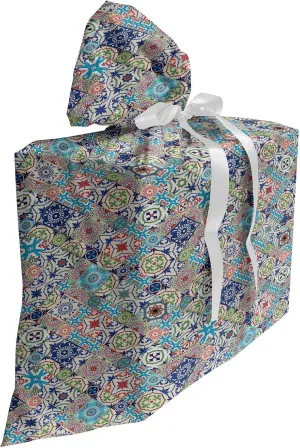 Ambesonne Oriental Fabric Gift Bag, Patchwork of Diagonally Aligned Mosaic Tiles in Moroccan Ornamentation Style Print, Present Sack for Parties Birthdays with 3 Ribbons, 27, Multicolor