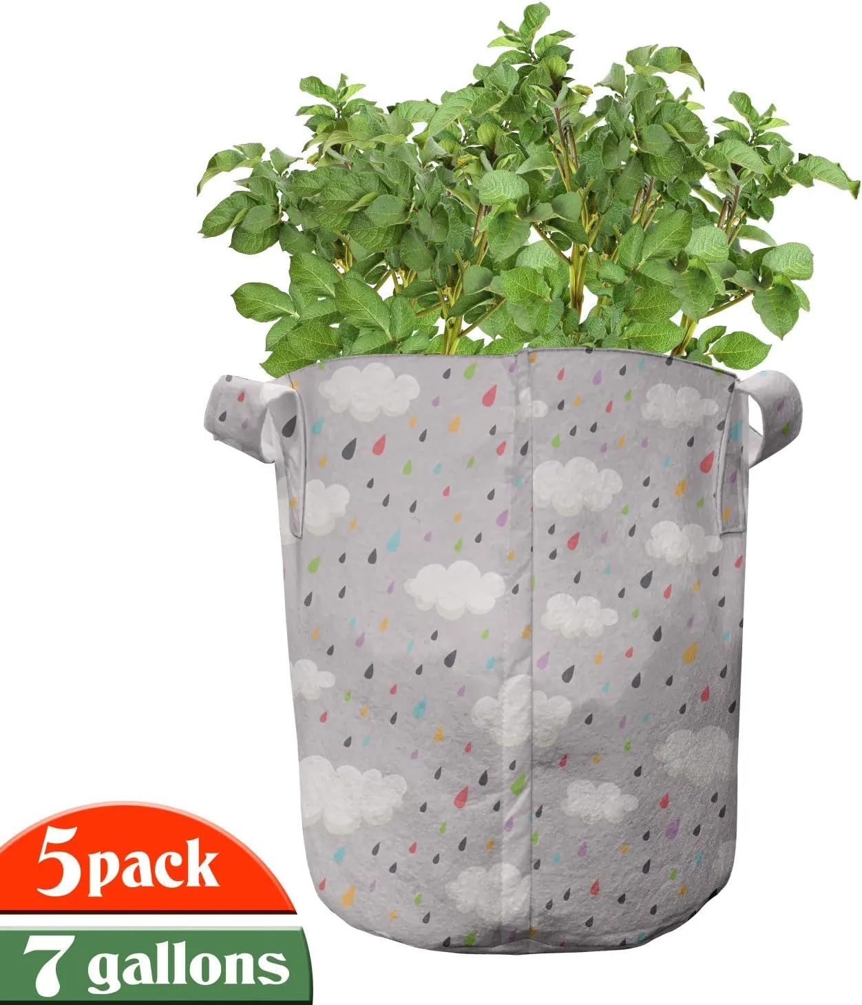 Ambesonne Rain Grow Bags 5-Pack, Colorful Tiny Droplets, Heavyduty Fabric Pots with Handles for Plants, 7 Gallon, Multicolor
