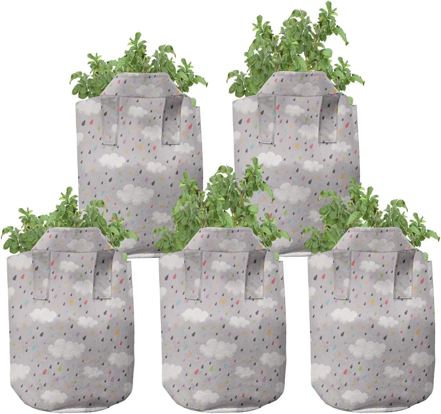 Ambesonne Rain Grow Bags 5-Pack, Colorful Tiny Droplets, Heavyduty Fabric Pots with Handles for Plants, 7 Gallon, Multicolor