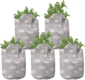 Ambesonne Rain Grow Bags 5-Pack, Colorful Tiny Droplets, Heavyduty Fabric Pots with Handles for Plants, 7 Gallon, Multicolor