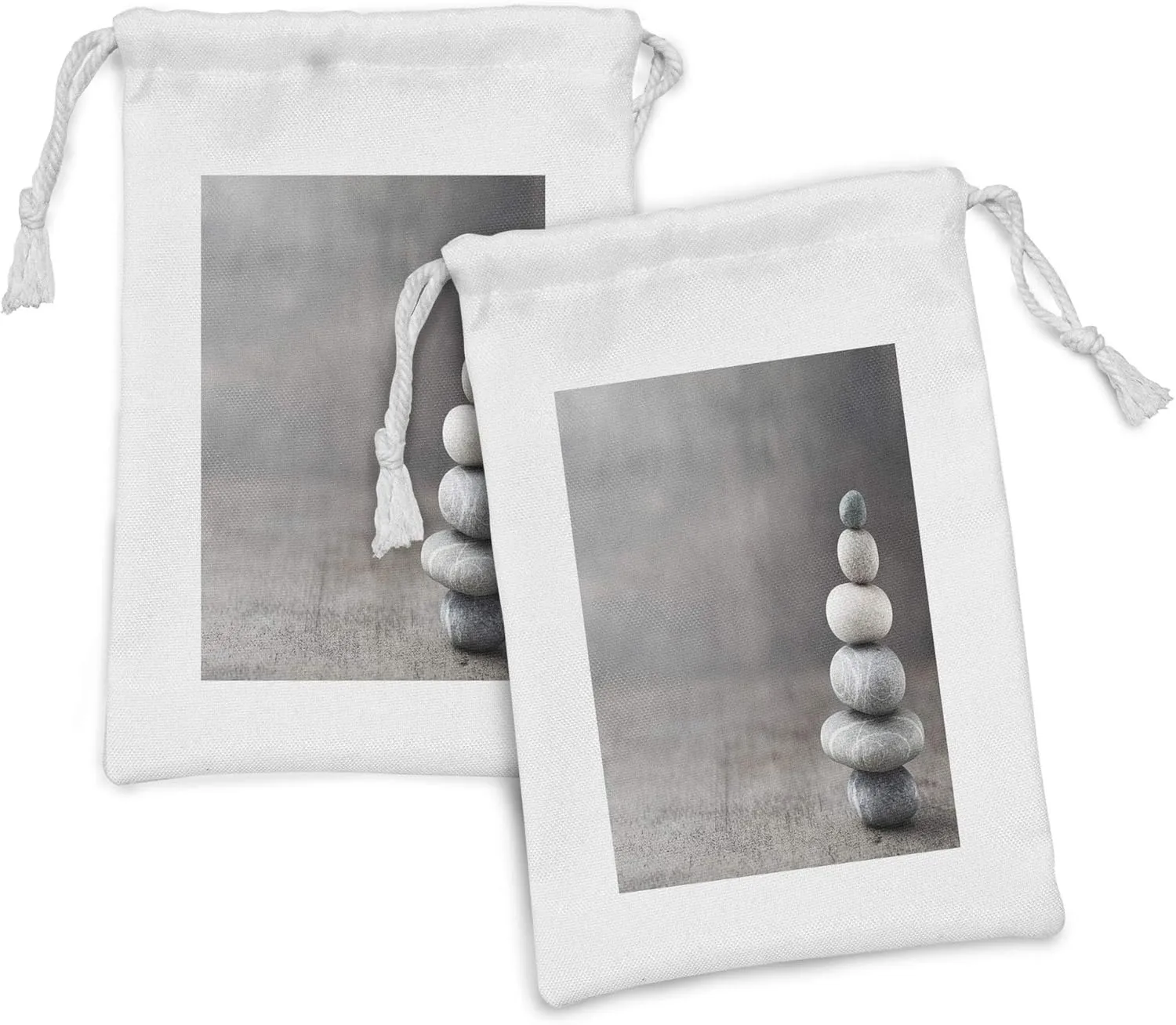 Ambesonne Rock Fabric Pouch Set of 2, 6 Stones Grouped Unevenly All Holding Still in Stability Theme Nature Illustration, Small Drawstring Bag for Toiletries Masks and Favors, 9" x 6", Multicolor