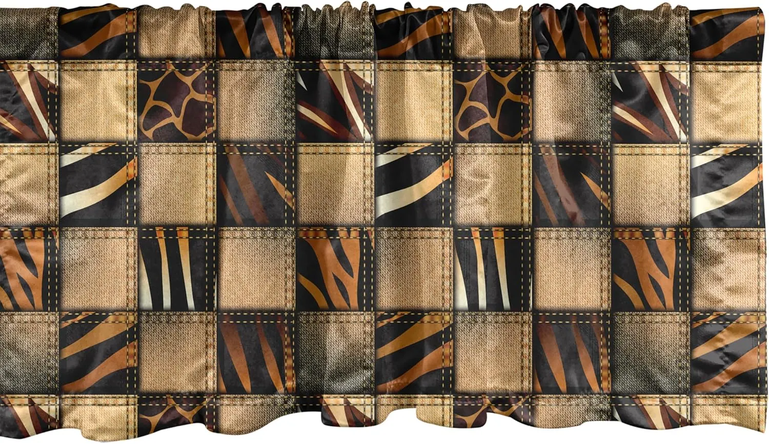 Ambesonne Savannah Window Valance, Earthy Jeans Denim Inspired Patchwork in Giraffe and Zebra Design Art Print, Curtain Valance for Kitchen Bedroom Decor with Rod Pocket, 42" x 18", Black Brown