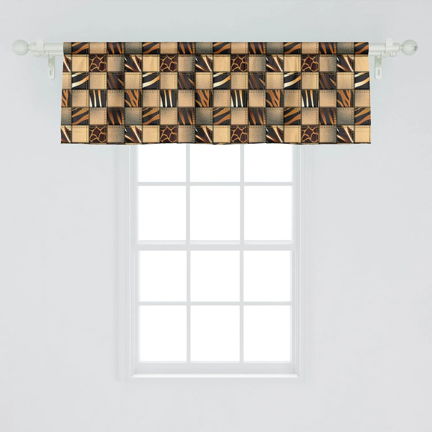 Ambesonne Savannah Window Valance, Earthy Jeans Denim Inspired Patchwork in Giraffe and Zebra Design Art Print, Curtain Valance for Kitchen Bedroom Decor with Rod Pocket, 42" x 18", Black Brown