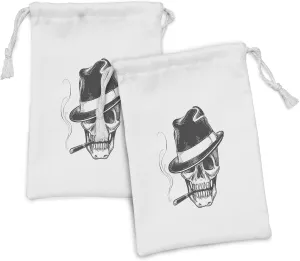 Ambesonne Skull Fabric Pouch Set of 2, Monochromatic Graphic of a Deadly Smoking Gangster Skeleton Head with a Hat, Small Drawstring Bag for Toiletries Masks and Favors, 9" x 6", Dark Grey and White