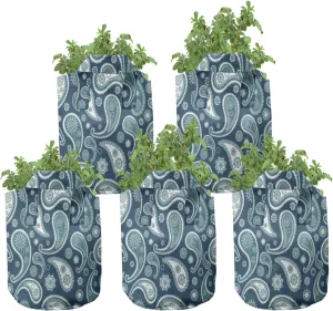 Ambesonne Vintage Blue Grow Bags 5-Pack, Exotic Paisley Droplet, Heavyduty Fabric Pots with Handles for Plants, Dark Blue White and Teal