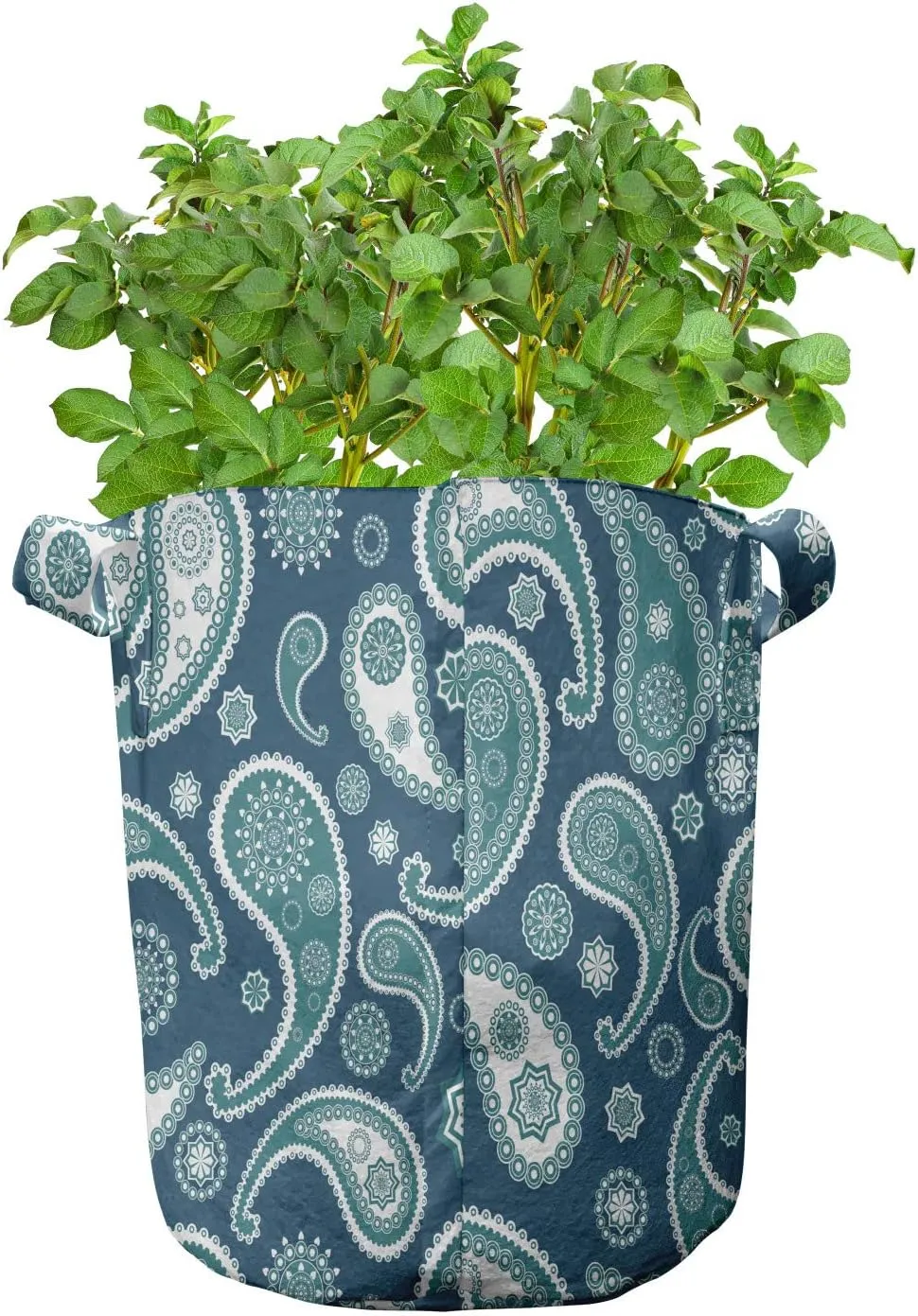 Ambesonne Vintage Blue Grow Bags 5-Pack, Exotic Paisley Droplet, Heavyduty Fabric Pots with Handles for Plants, Dark Blue White and Teal