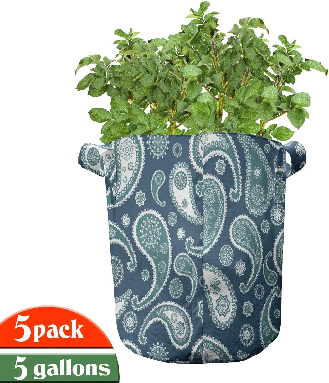 Ambesonne Vintage Blue Grow Bags 5-Pack, Exotic Paisley Droplet, Heavyduty Fabric Pots with Handles for Plants, Dark Blue White and Teal