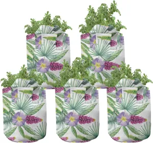 Ambesonne Watercolor Grow Bags 5-Pack, Refresh Tropical Flowers, Heavyduty Fabric Pots with Handles for Plants, Multicolor