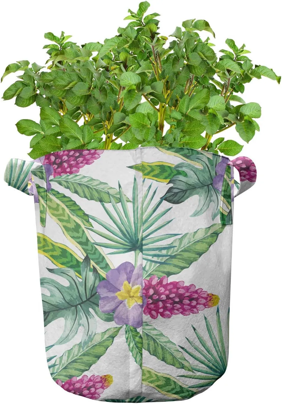 Ambesonne Watercolor Grow Bags 5-Pack, Refresh Tropical Flowers, Heavyduty Fabric Pots with Handles for Plants, Multicolor