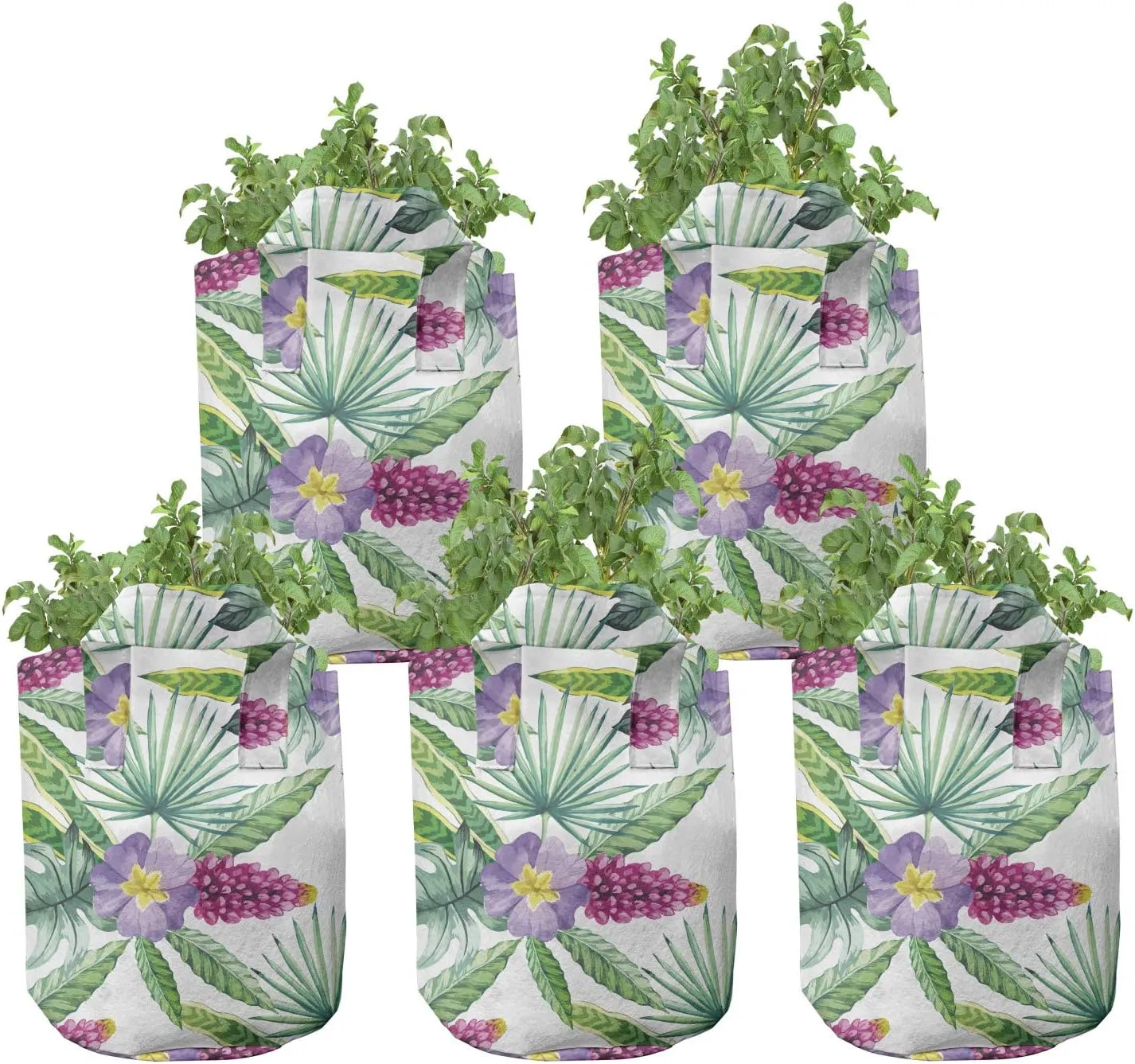 Ambesonne Watercolor Grow Bags 5-Pack, Refresh Tropical Flowers, Heavyduty Fabric Pots with Handles for Plants, Multicolor