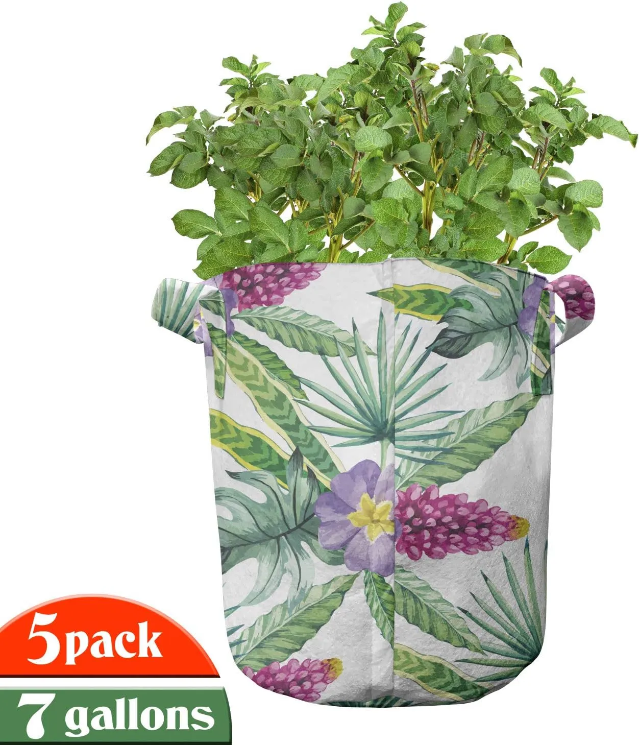 Ambesonne Watercolor Grow Bags 5-Pack, Refresh Tropical Flowers, Heavyduty Fabric Pots with Handles for Plants, Multicolor