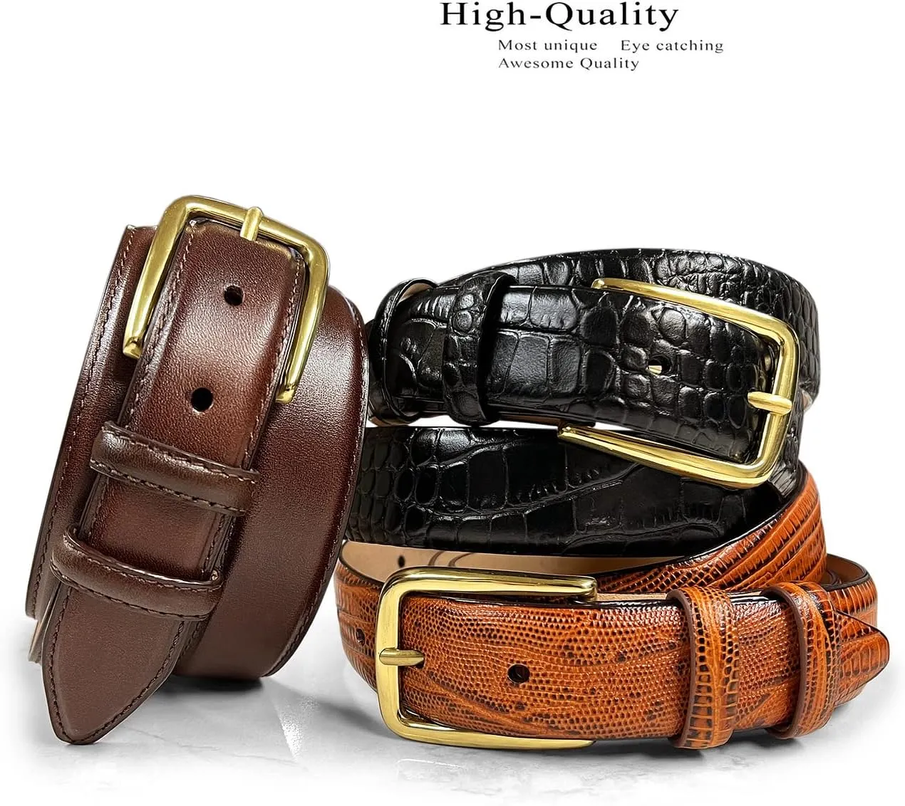 Andrew/Armando - Dress Belt Solid Brass Buckle (Gold & Silver) Genuine Full-Grain Cowhide Leather Belt 1-1/8"(30mm) Wide