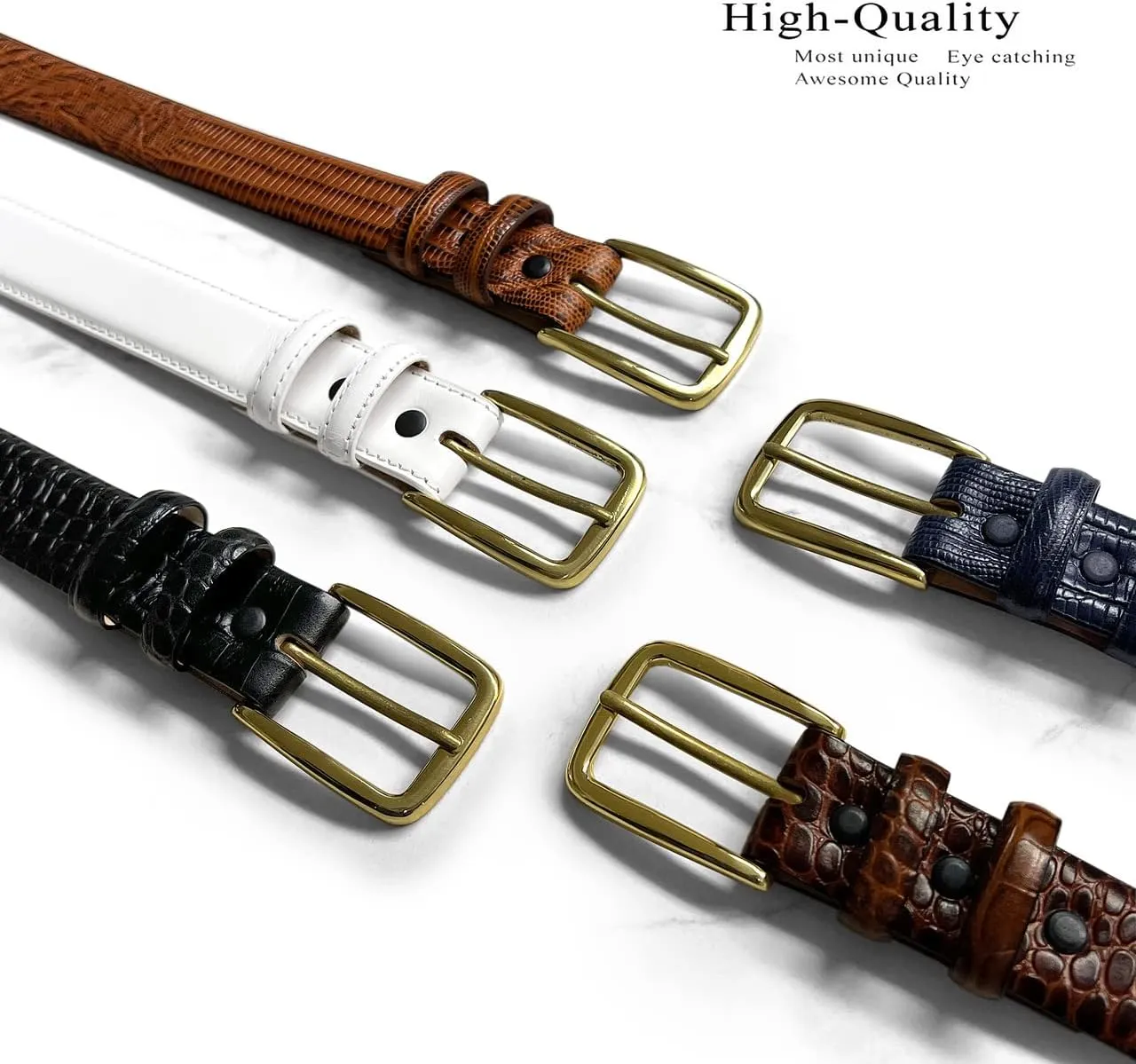 Andrew/Armando - Dress Belt Solid Brass Buckle (Gold & Silver) Genuine Full-Grain Cowhide Leather Belt 1-1/8"(30mm) Wide