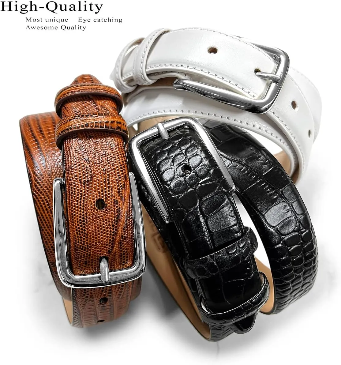 Andrew/Armando - Dress Belt Solid Brass Buckle (Gold & Silver) Genuine Full-Grain Cowhide Leather Belt 1-1/8"(30mm) Wide
