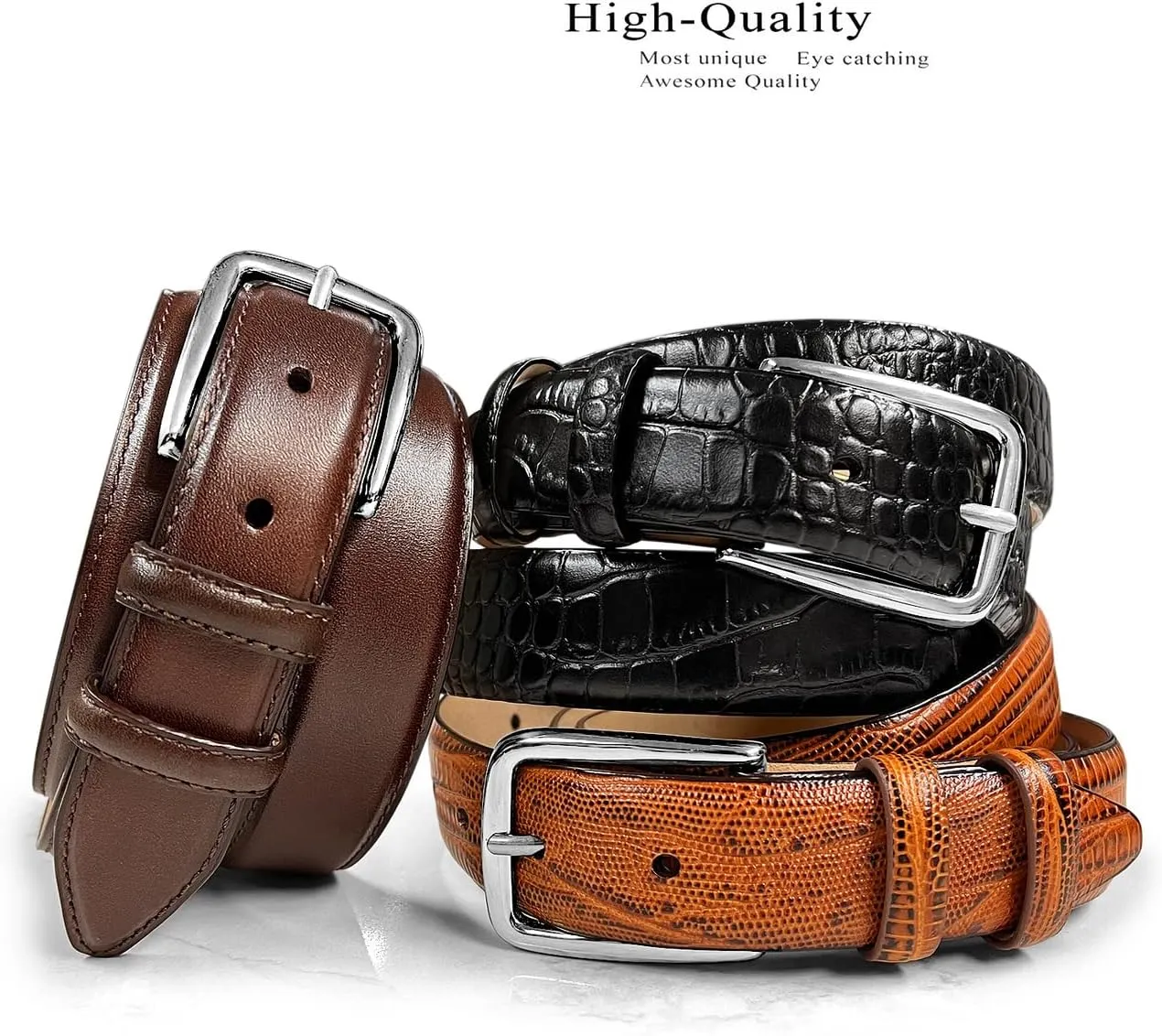 Andrew/Armando - Dress Belt Solid Brass Buckle (Gold & Silver) Genuine Full-Grain Cowhide Leather Belt 1-1/8"(30mm) Wide