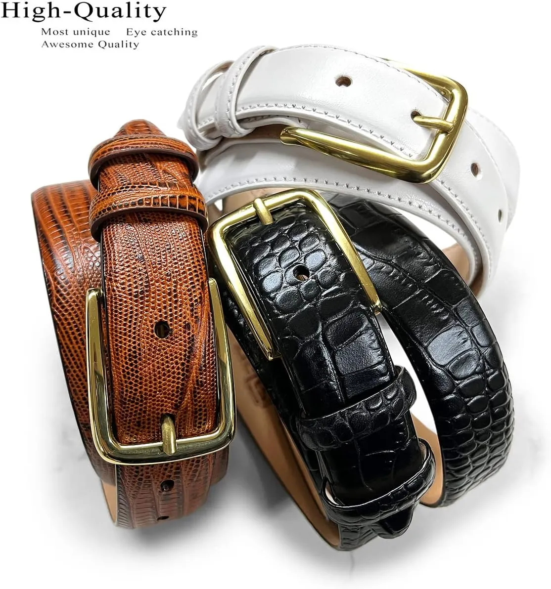 Andrew/Armando - Dress Belt Solid Brass Buckle (Gold & Silver) Genuine Full-Grain Cowhide Leather Belt 1-1/8"(30mm) Wide