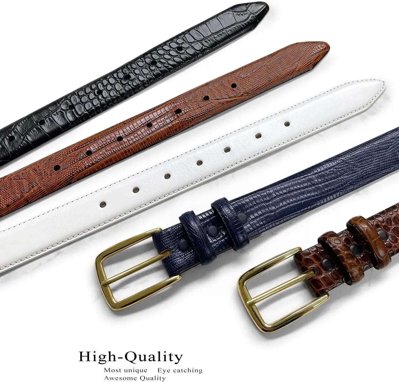 Andrew/Armando - Dress Belt Solid Brass Buckle (Gold & Silver) Genuine Full-Grain Cowhide Leather Belt 1-1/8"(30mm) Wide