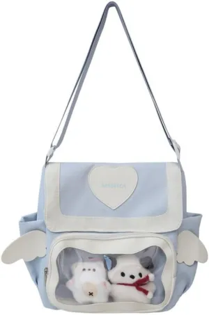 Angel Cat Ita Bag Single Shoulder Bag Crossbody Bag with Accessories 2 Doll Nylon Academy Handbag Anime JK Uniform Bag (Blue)