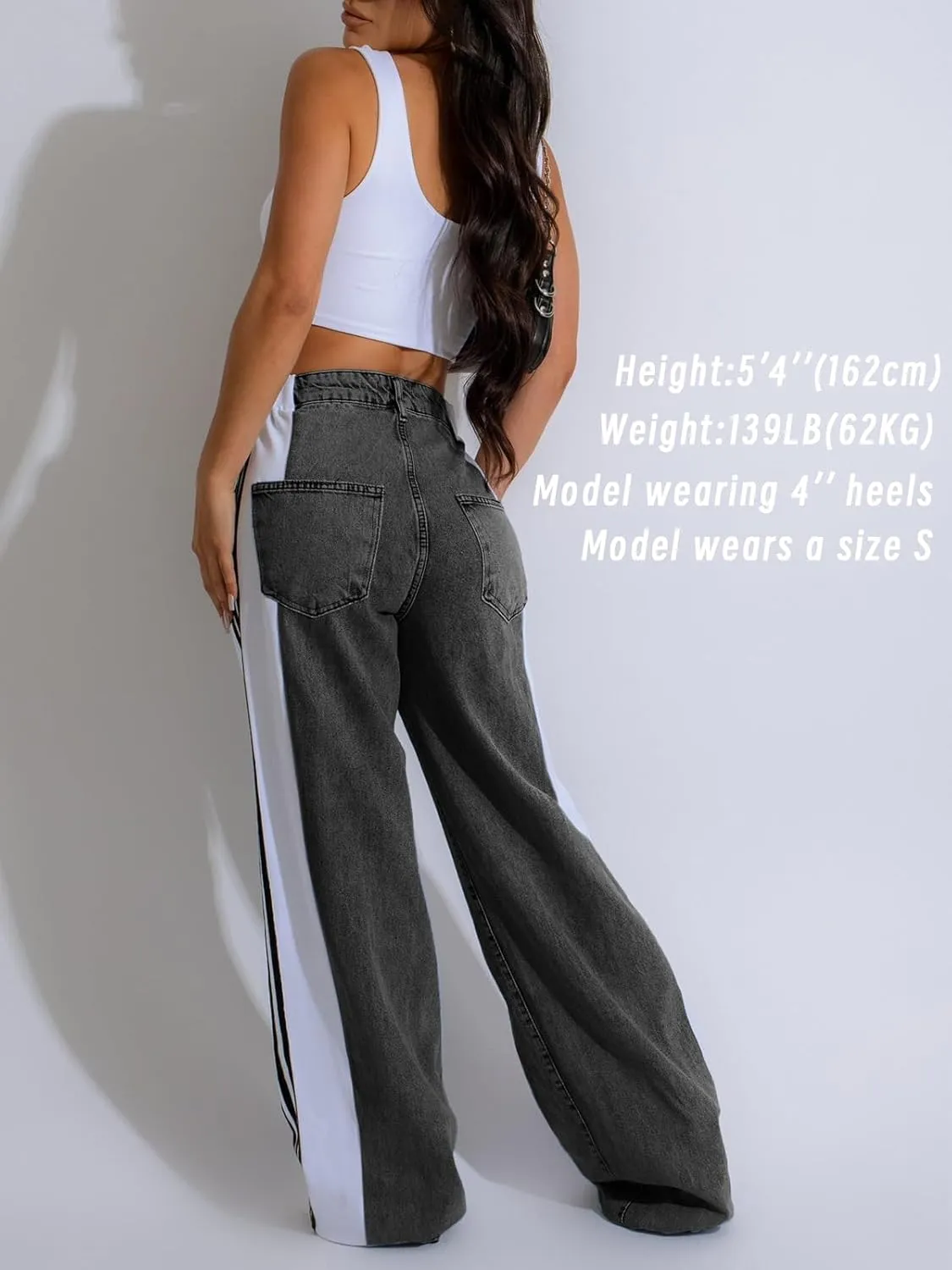Angsuttc Womens Jeans with Patchwork Stripes High Waisted Stretchy Denim Color Block Straight Wide Leg Trendy Jean