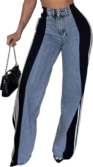 Angsuttc Womens Jeans with Patchwork Stripes High Waisted Stretchy Denim Color Block Straight Wide Leg Trendy Jean