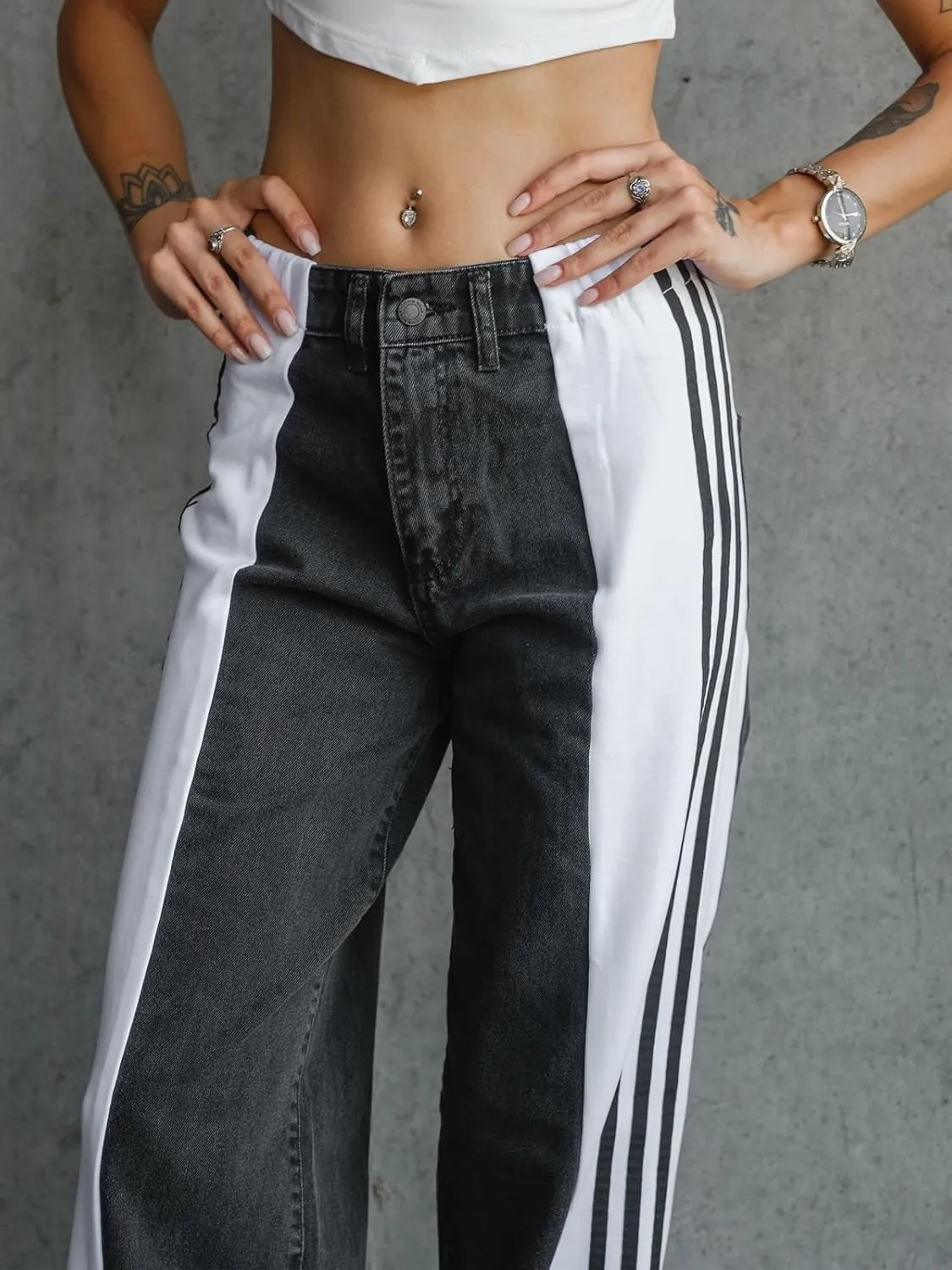 Angsuttc Womens Jeans with Patchwork Stripes High Waisted Stretchy Denim Color Block Straight Wide Leg Trendy Jean
