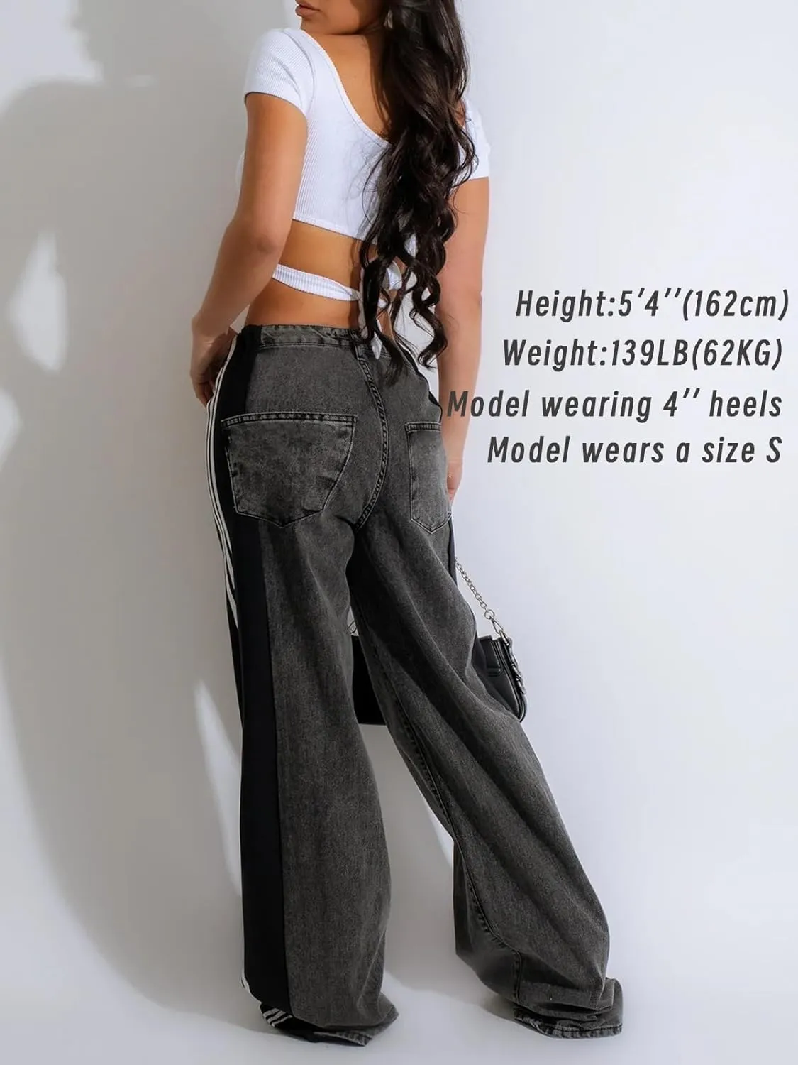Angsuttc Womens Jeans with Patchwork Stripes High Waisted Stretchy Denim Color Block Straight Wide Leg Trendy Jean