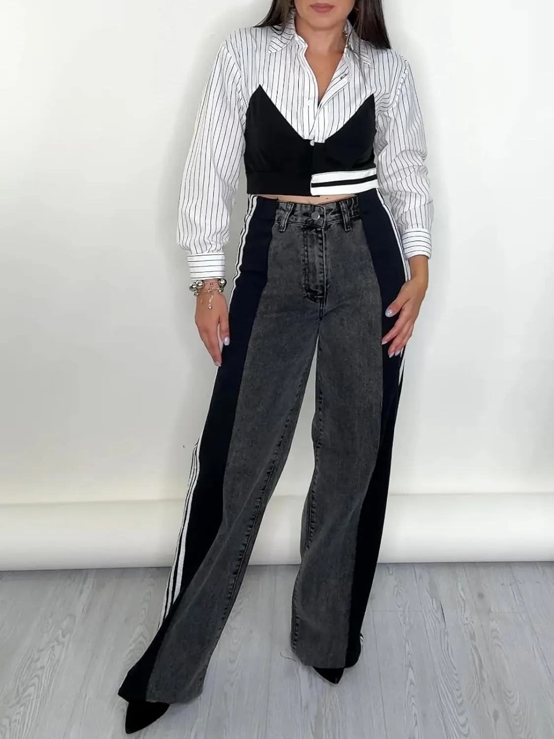 Angsuttc Womens Jeans with Patchwork Stripes High Waisted Stretchy Denim Color Block Straight Wide Leg Trendy Jean