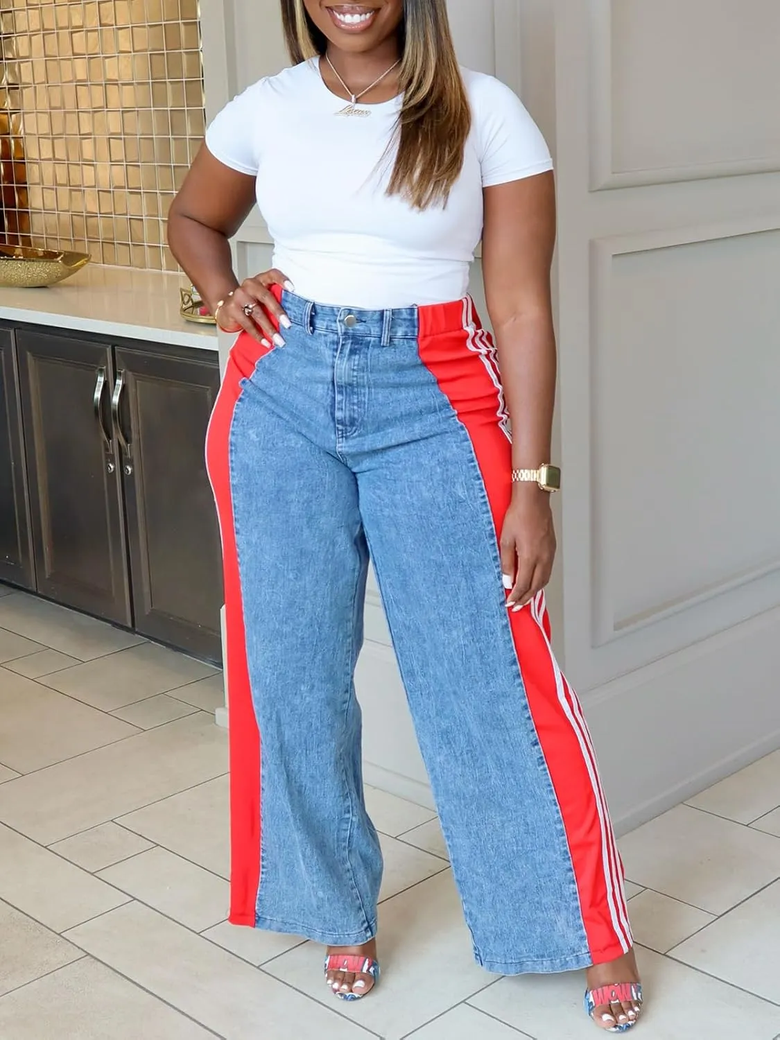 Angsuttc Womens Jeans with Patchwork Stripes High Waisted Stretchy Denim Color Block Straight Wide Leg Trendy Jean