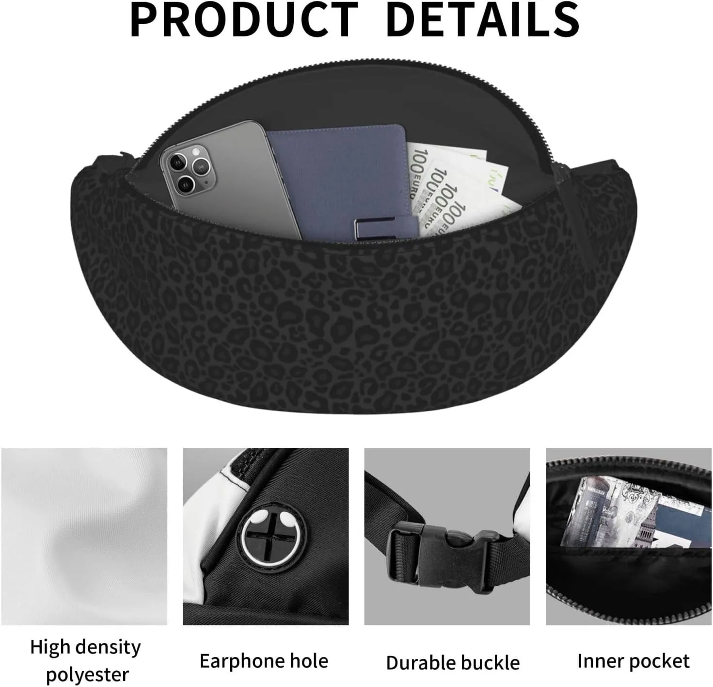 Animal Leopard Dark Fashion casual fanny pack waist bag men women adjustable belt waist bag for travel hiking cycling running festival carnival