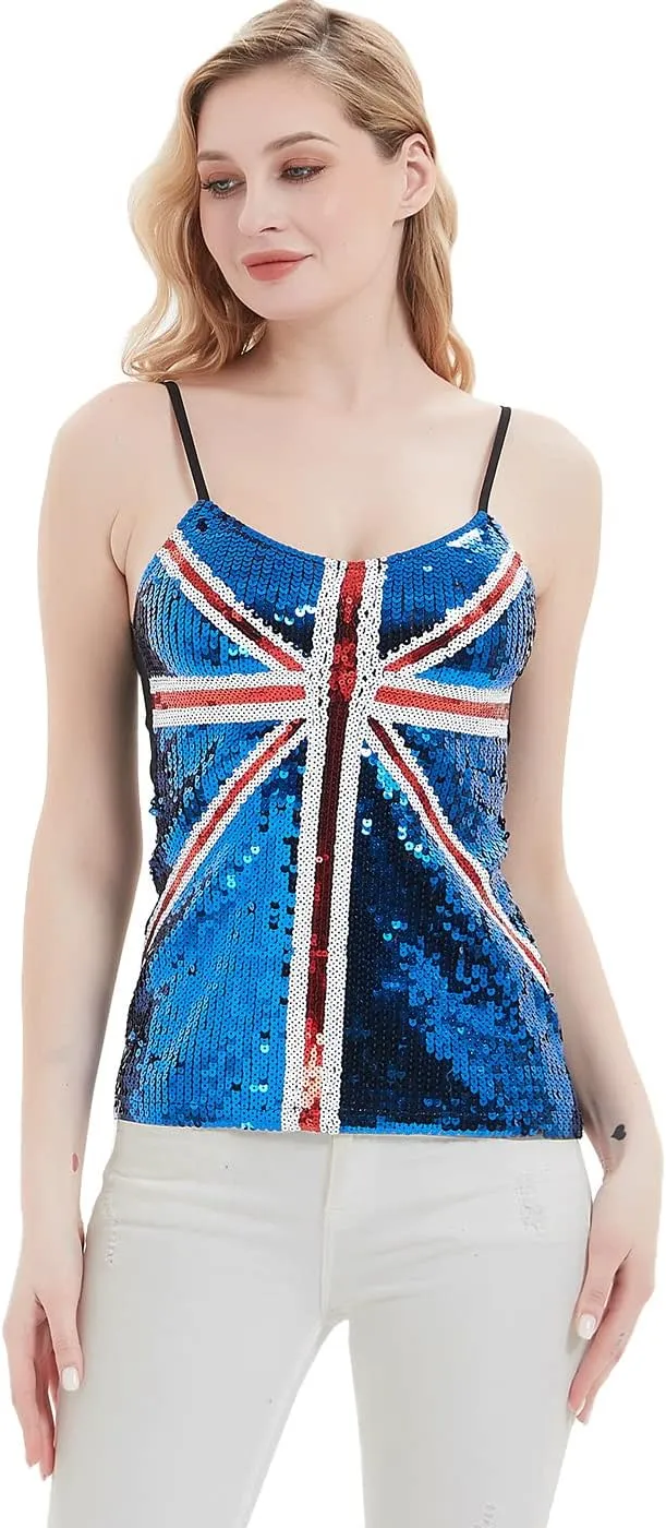Anna-Kaci Womens United Kingdom Great Britain British Union Jack Flag Sequin Tank Top