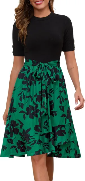 Annebouti Womens 2025 Short Sleeve Spring Summer Ribbed Modest Semi-Formal Teacher Casual Work Midi Dress with Pockets