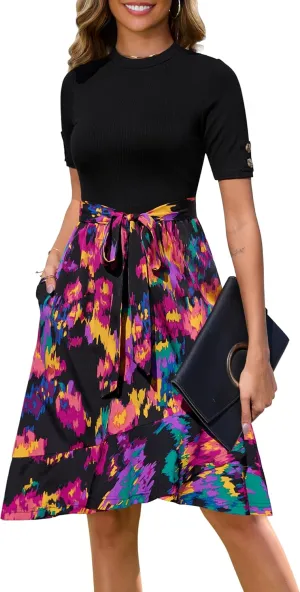 Annebouti Womens 2025 Short Sleeve Spring Summer Ribbed Modest Semi-Formal Teacher Casual Work Midi Dress with Pockets