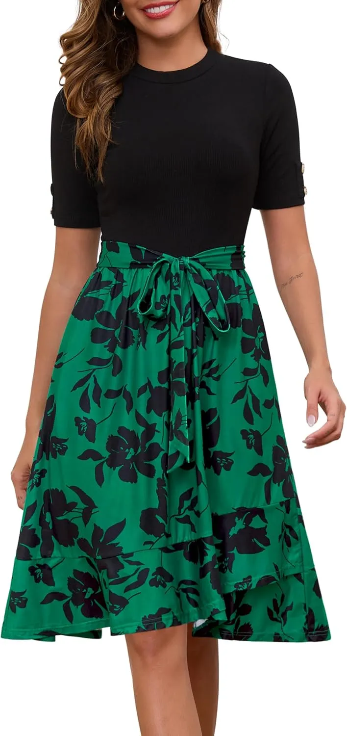 Annebouti Womens 2025 Short Sleeve Spring Summer Ribbed Modest Semi-Formal Teacher Casual Work Midi Dress with Pockets